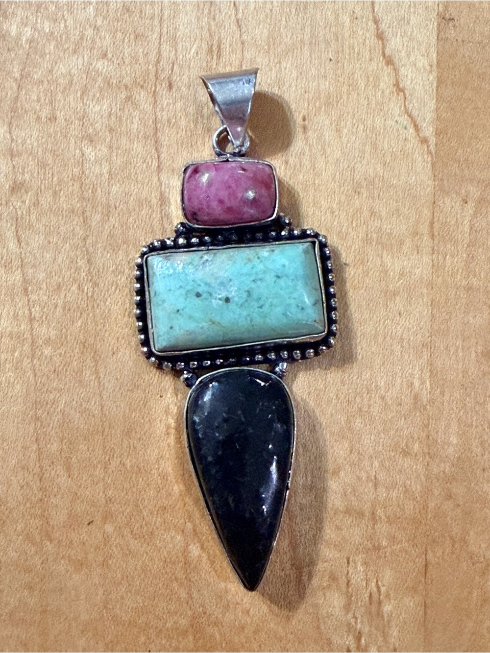 Nephrite Jade, Pink Peruvian Opal, Turquoise Pendant Necklace - 925 Plated/Stamp